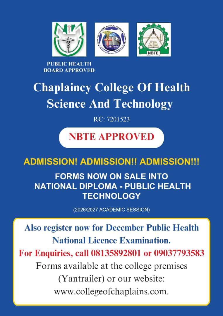 Chaplaincy College of Health Science and Technology 2026/2027 admission flyer – NBTE approved, ND Public Health Technology